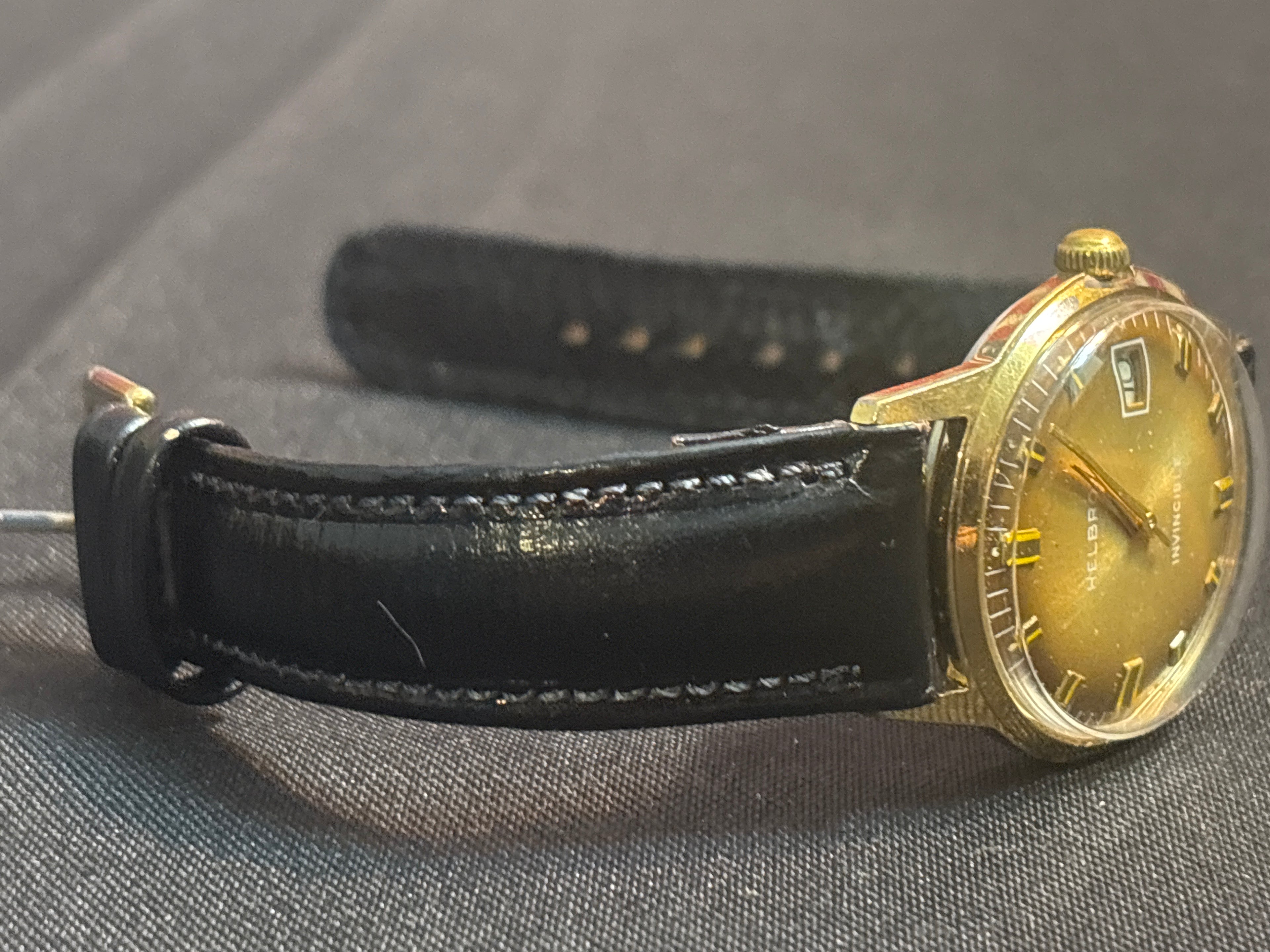 Vintage Helbros 34mm mechanical mens watch on blk leather strap