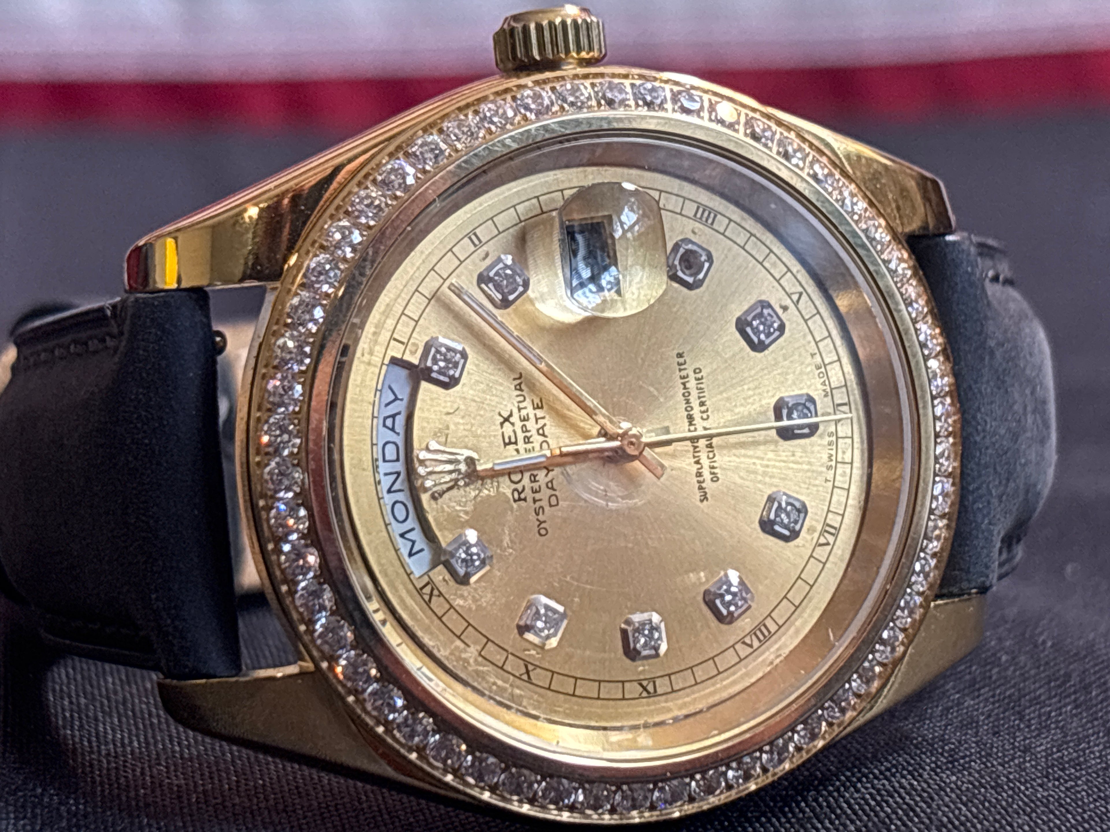 Mod Rolex theme Presidential on black leather strap-