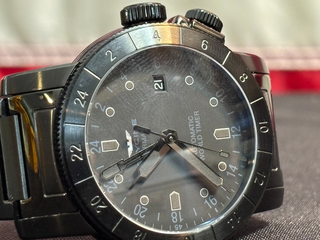 Glycine Airman Gl0153 world time black pvd mens watch