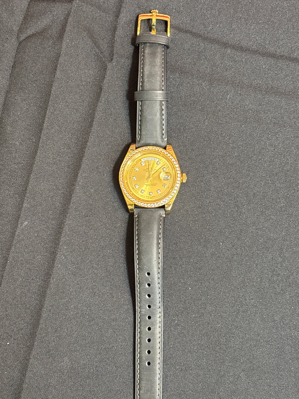 Mod Rolex theme Presidential on black leather strap-