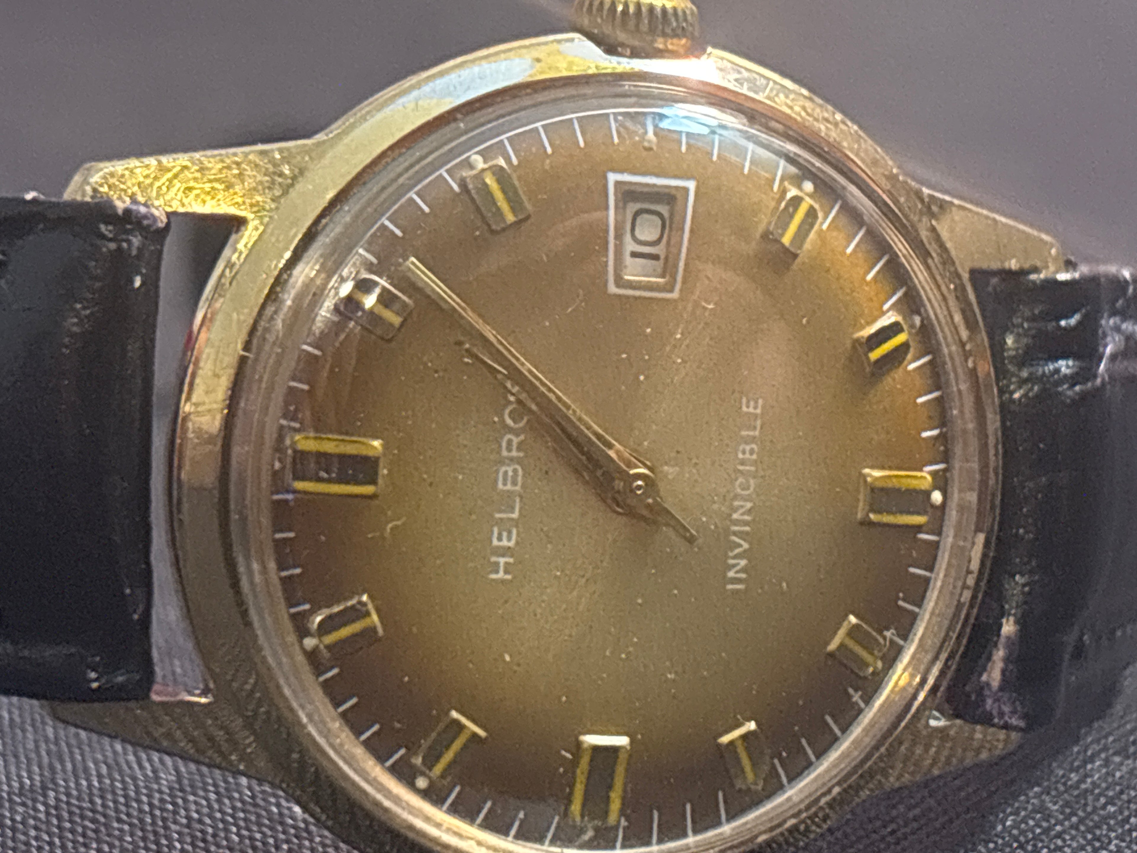 Vintage Helbros 34mm mechanical mens watch on blk leather strap