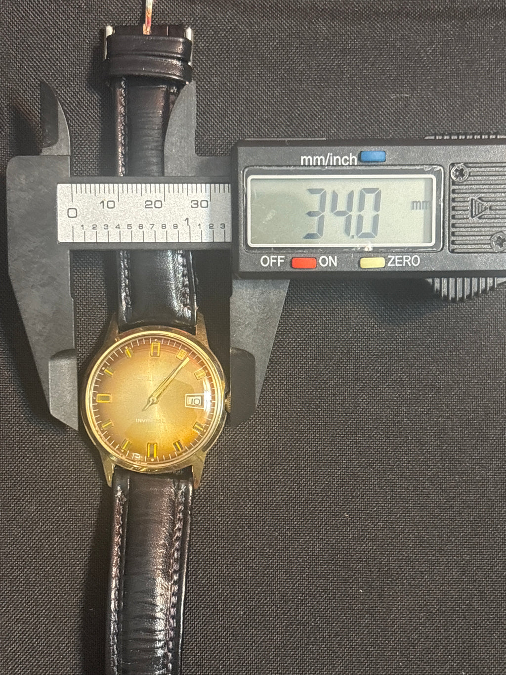 Vintage Helbros 34mm mechanical mens watch on blk leather strap