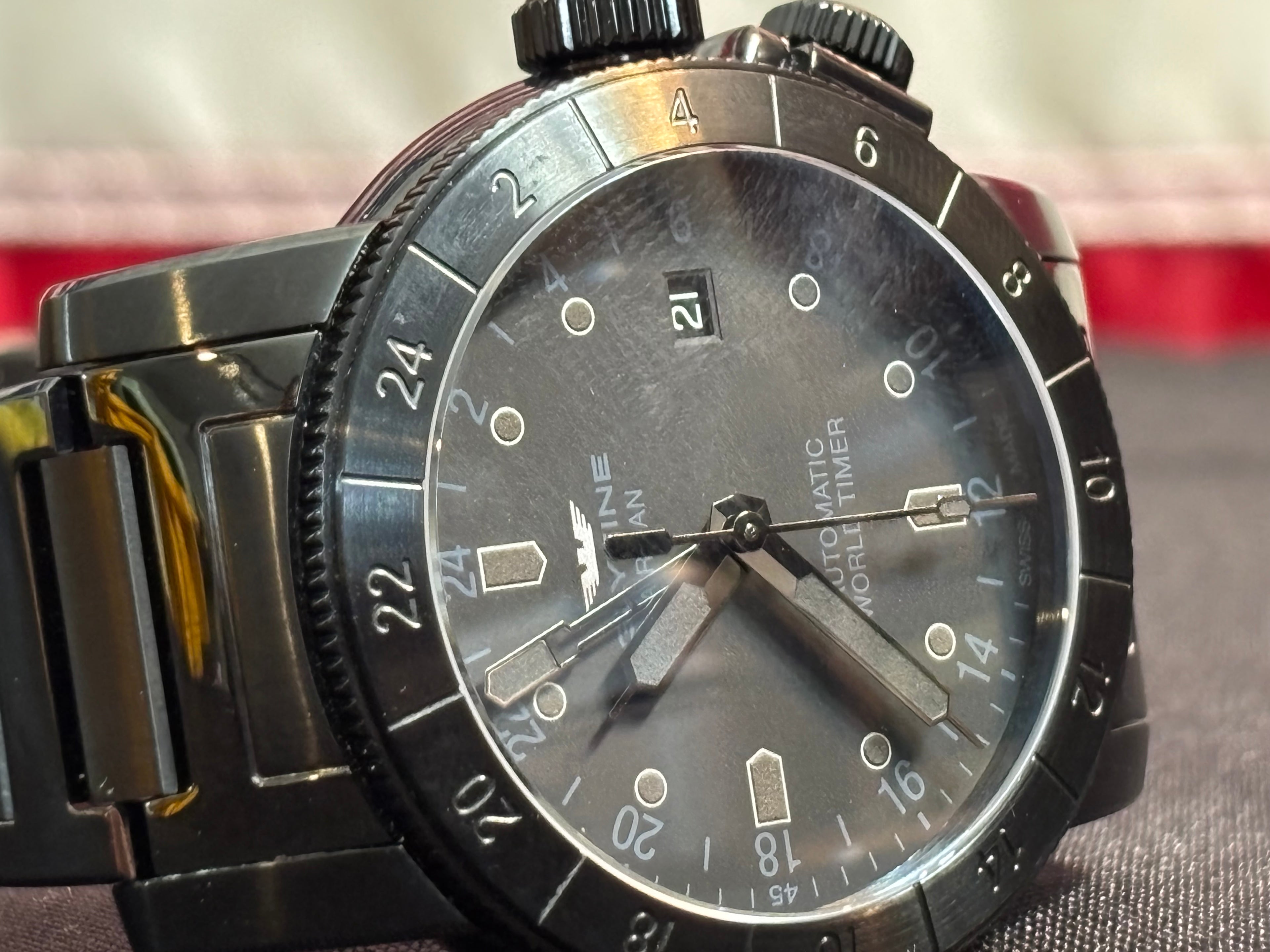 Glycine Airman Gl0153 world time black pvd mens watch