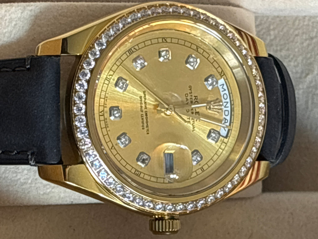 Mod Rolex theme Presidential on black leather strap-