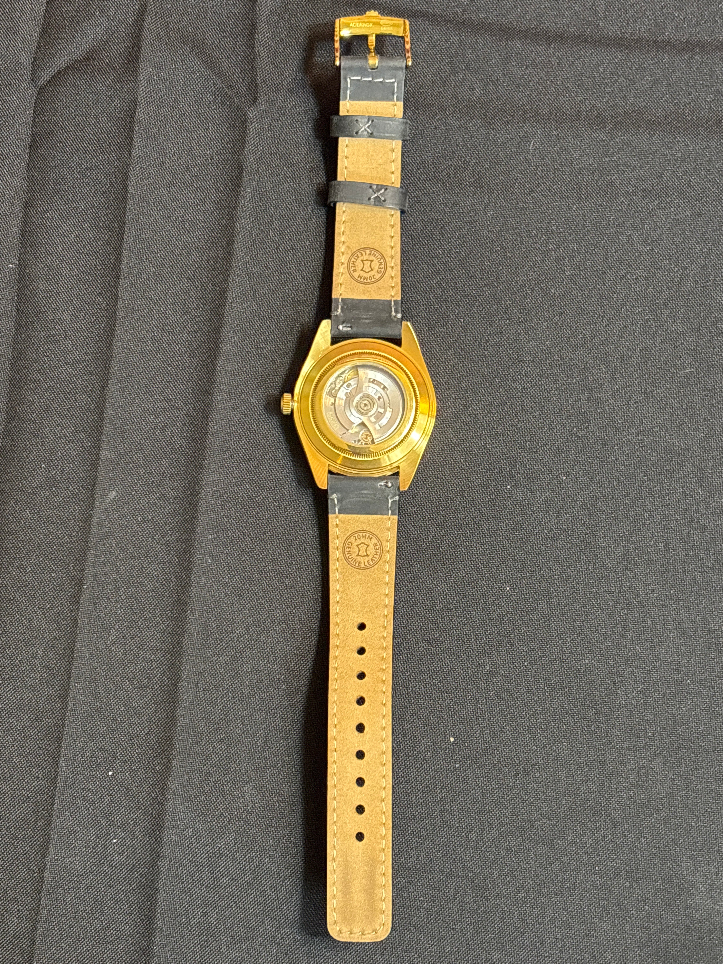 Mod Rolex theme Presidential on black leather strap-