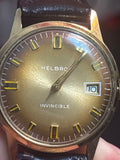 Vintage Helbros 34mm mechanical mens watch on blk leather strap