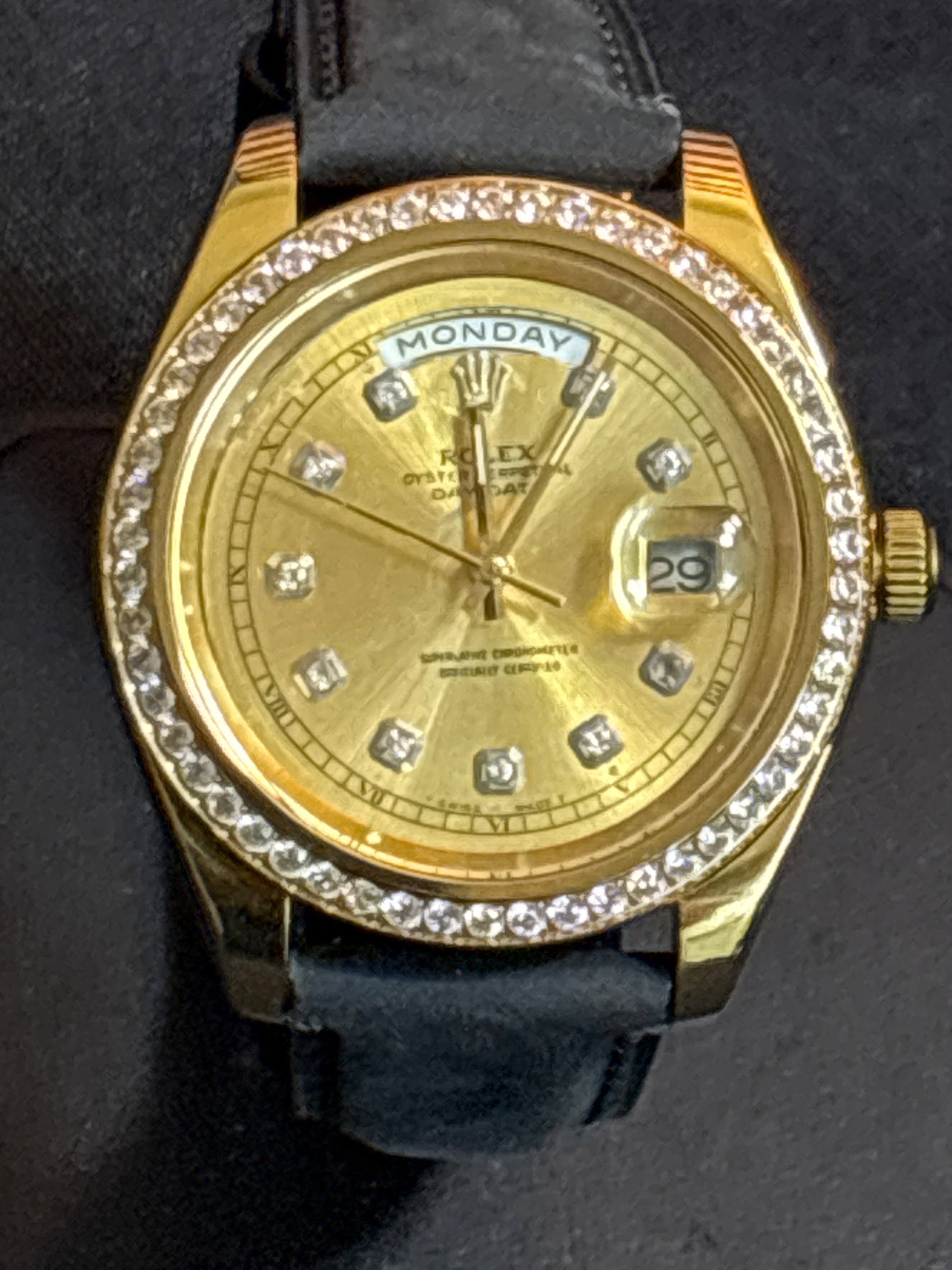 Mod Rolex theme Presidential on black leather strap-